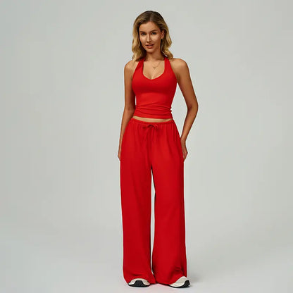 Women's Quick-Drying Athleisure Outfits - Adjustable V-Neck Strappy Top & Wide Leg Pants