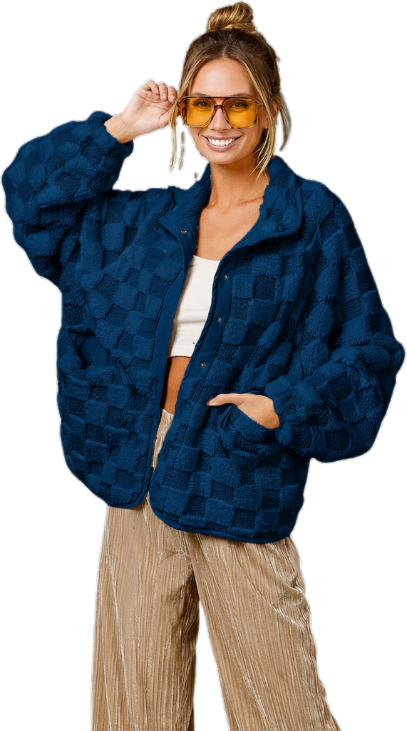 ⏰Final 2-Hour Clearance⚡ Chouyatou Women’s Winter Sherpa Jacket, Casual Contrast Plaid Faux Fur Coat, Loose Fit Plush Oversized Warm Outerwear