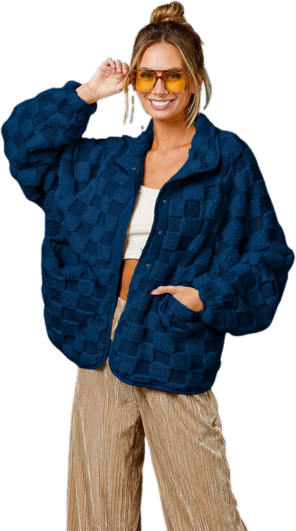 ⏰Final 2-Hour Clearance⚡ Chouyatou Women’s Winter Sherpa Jacket, Casual Contrast Plaid Faux Fur Coat, Loose Fit Plush Oversized Warm Outerwear