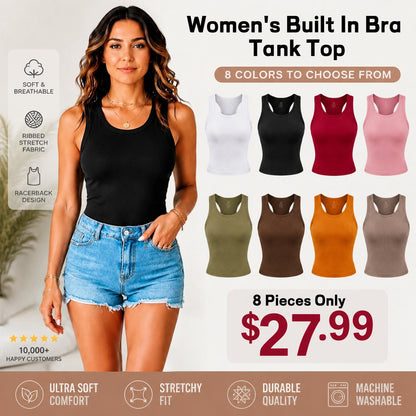This Week's Special Price🍃Round Neck Built-in Bra Ribbed Tank Top Fit Casual Comfortable💥