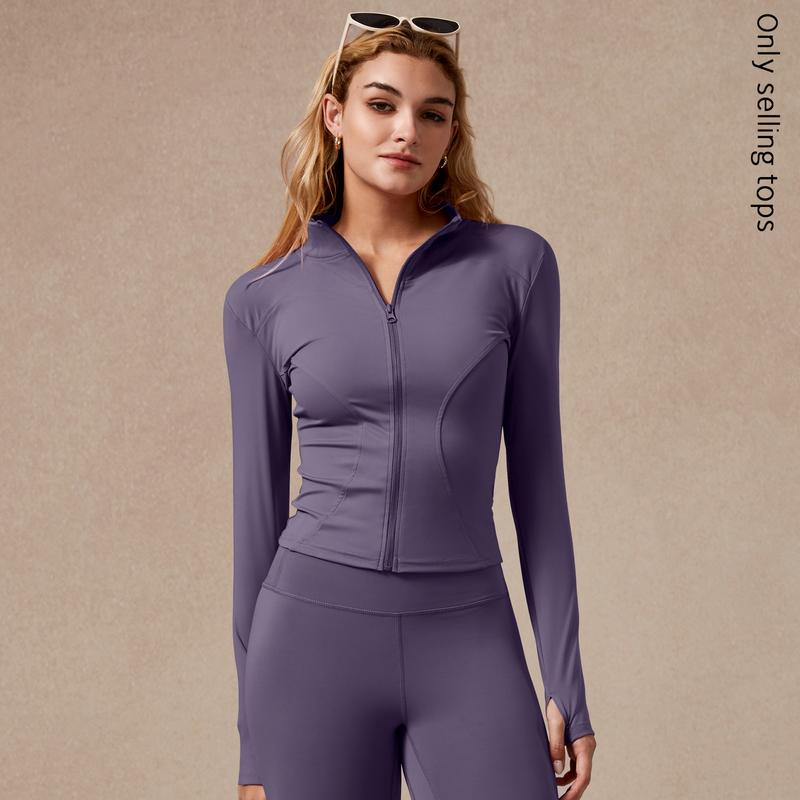 Womens Full Zip Long Sleeved Sports Jacket Slim Fit Quick Dry Stretch Fabric with Thumb Holes for Running Yoga Gym Workout Outfits Activewear