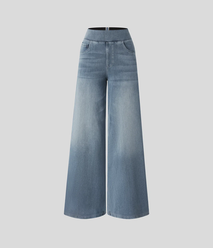 💝Last Day Promotion⚡High Waisted Multiple Pockets Baggy Wide Leg Washed Stretchy Knit Casual Jeans