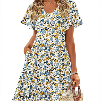 Casual Swing Floral Ruffle Short Sleeve Sundresses Mini A-line Shift Dress