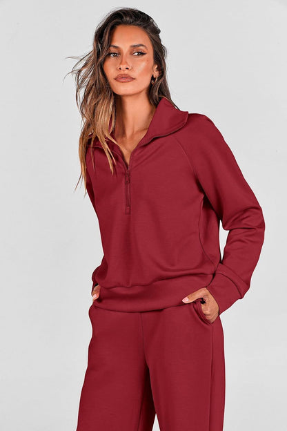 Women's Outfits Casual Lapel Half Zip Sweatshirts And Wide Leg Pants Tracksuit Sets