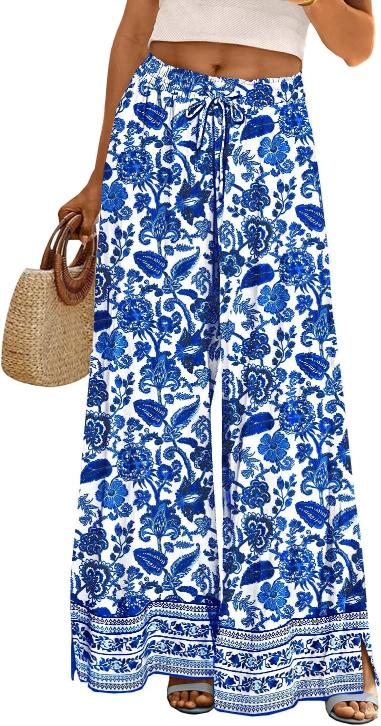 Women Summer Flowy Wide Leg Pants Drawstring Elastic Waist Casual Lounge Beach Palazzo Trouser with Pockets