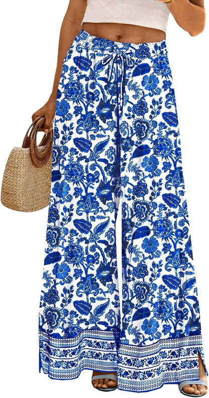 Women Summer Flowy Wide Leg Pants Drawstring Elastic Waist Casual Lounge Beach Palazzo Trouser with Pockets