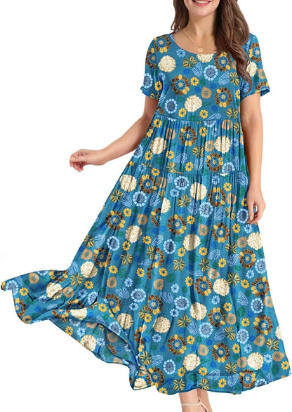 Women Casual Loose Bohemian Floral Dress Maxi Summer Beach Dresses