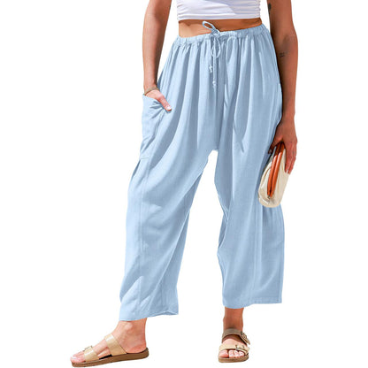 Womens Linen Blend Wide Leg Pants