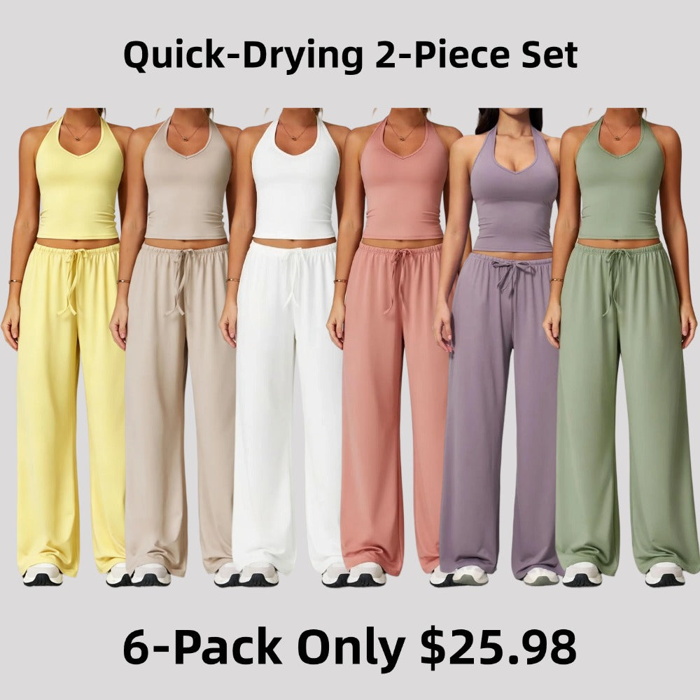 Women's Quick-Drying Athleisure Outfits - Adjustable V-Neck Strappy Top & Wide Leg Pants