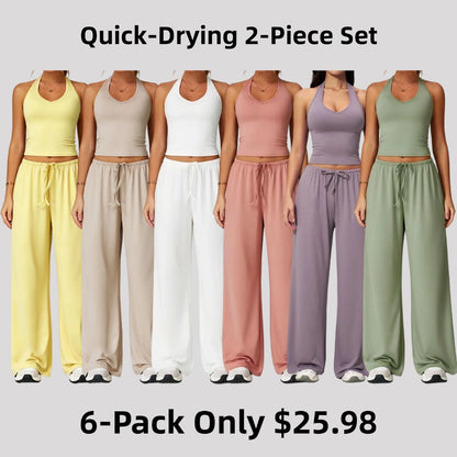 Women's Quick-Drying Athleisure Outfits - Adjustable V-Neck Strappy Top & Wide Leg Pants