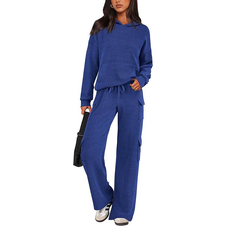 Women's Navy Blue Knitted Sets Hoodie & Wide Leg Pants with Pockets Drawstring Long Sleeve Loungewear Tracksuits Basic Fitted Clothes