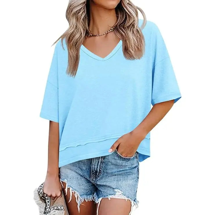 Womens Short Sleeve Shirts Summer V Neck Casual Top