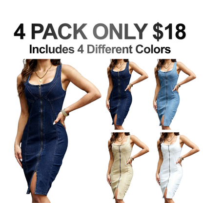Women's Summer Lightweight Denim Zipper Front Bodycon Dress