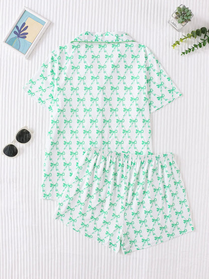 Women's Bow Full-Print Design Two-Piece Sleepwear Set