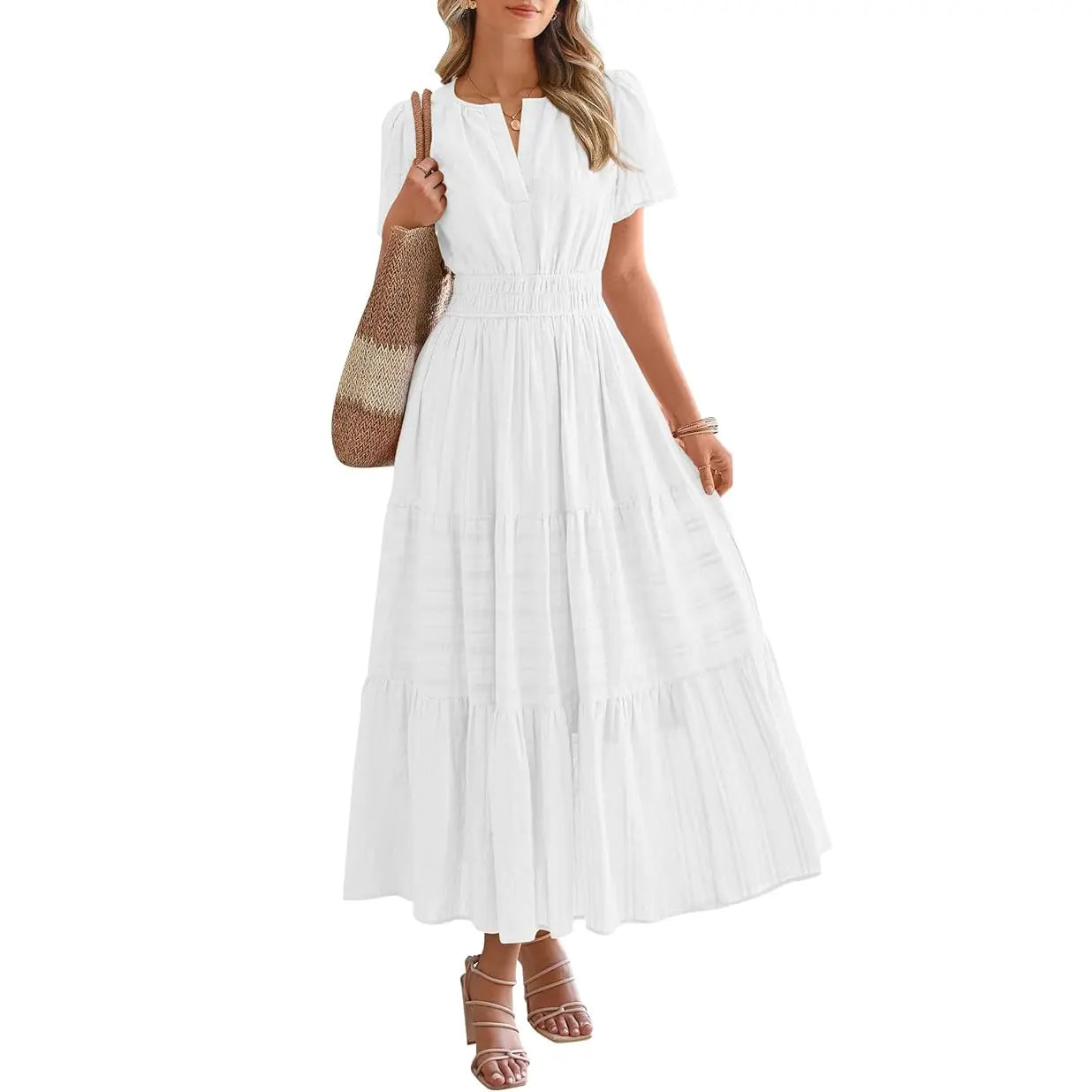 Women's Summer 2026 Casual Maxi Dress Lightweight Short Sleeve V Neck Boho Dress with Pockets