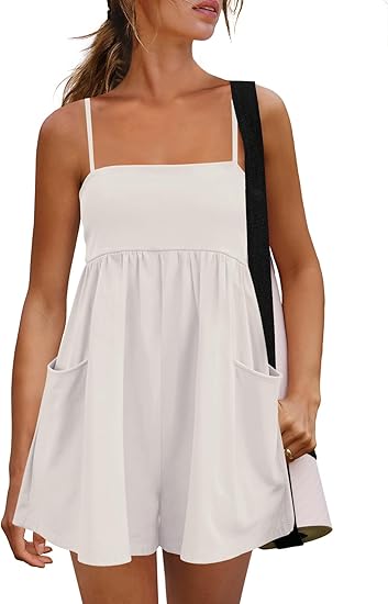 Women's Summer Strappy Romper Square Casual Oversized Workout Athletic Romper Neck Backless