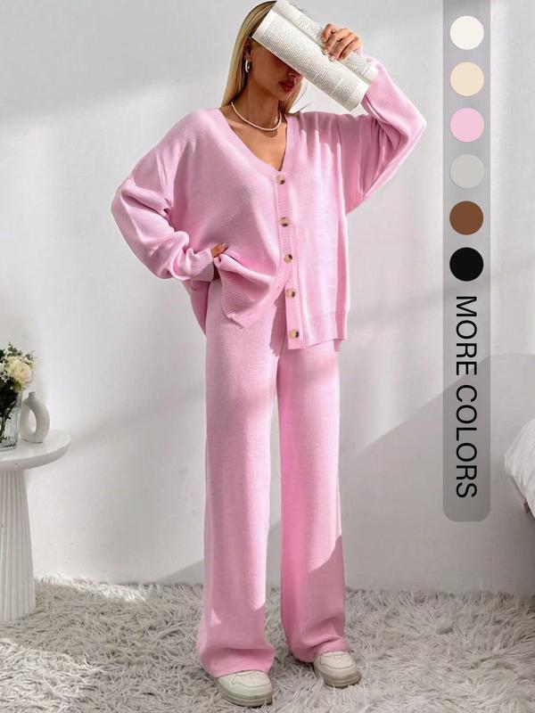 ⏰Final 2-Hour Clearance⚡ Women’s Button Front V-Neck Cardigan & Elastic Waist Wide-Leg Pants Set – Casual Cozy Knit Two-Piece Outfit for Fall & Winter