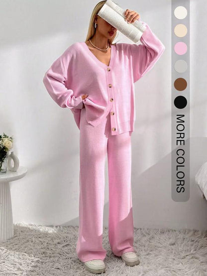 ⏰Final 2-Hour Clearance⚡ Women’s Button Front V-Neck Cardigan & Elastic Waist Wide-Leg Pants Set – Casual Cozy Knit Two-Piece Outfit for Fall & Winter