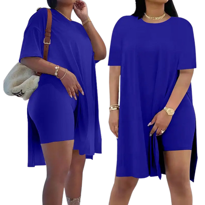 Plus Size Summer Outfit Side Slit Tunic Top & Biker Shorts Set