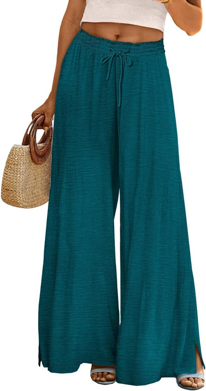 Women Summer Flowy Wide Leg Pants Drawstring Elastic Waist Casual Lounge Beach Palazzo Trouser with Pockets