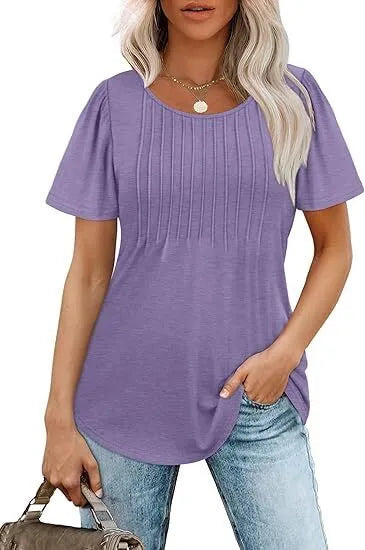 Women's T Shirts Short Sleeve Pleated Dressy Casual Scooped Neck Summer Tops Blouses