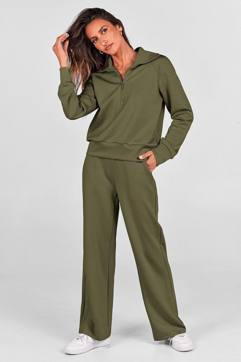 Women's Outfits Casual Lapel Half Zip Sweatshirts And Wide Leg Pants Tracksuit Sets