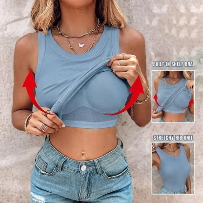 This Week's Special Price🍃Round Neck Built-in Bra Ribbed Tank Top Fit Casual Comfortable💥