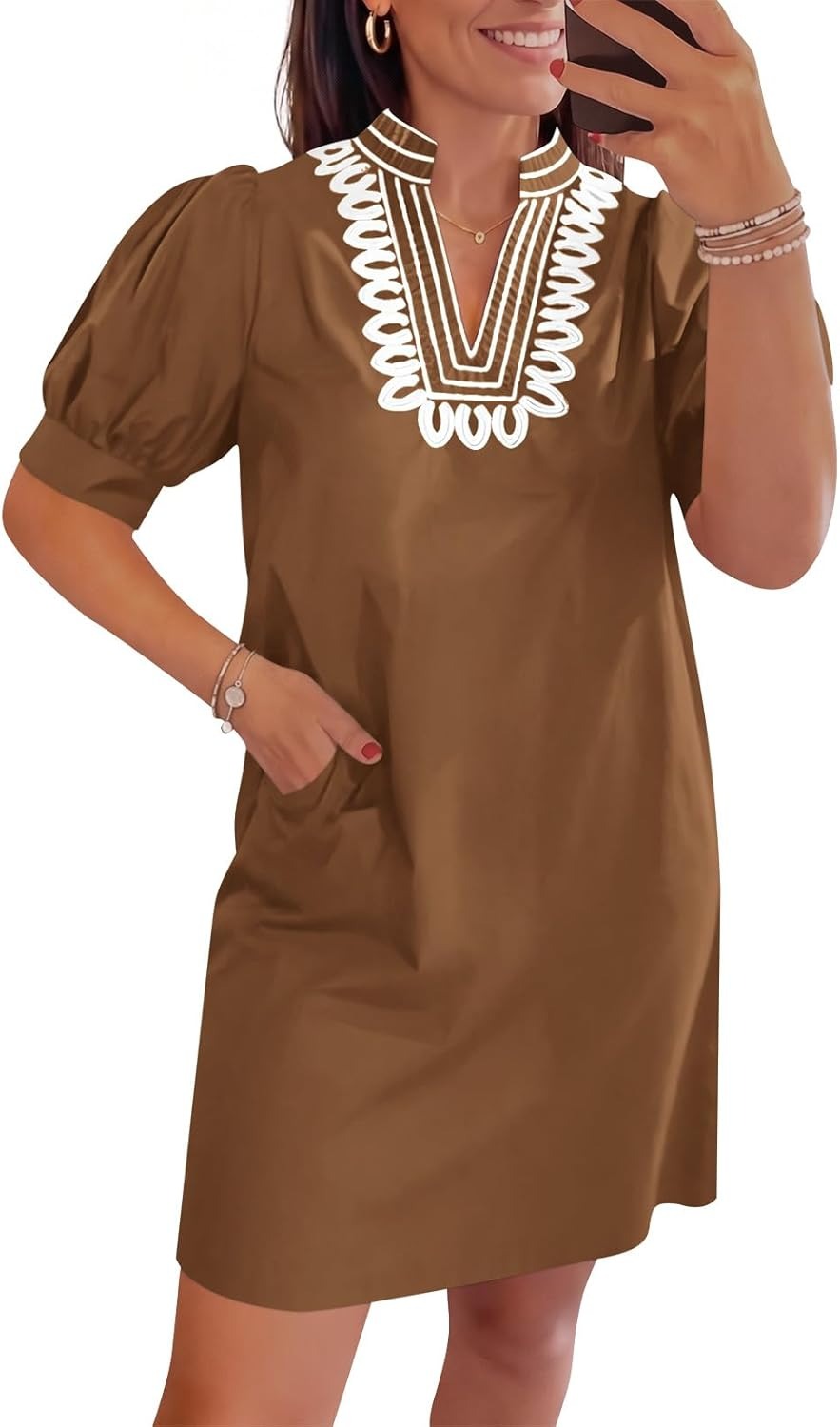 Womens Summer V Neck Shift Dresses Puff Short Sleeve Casual Dress