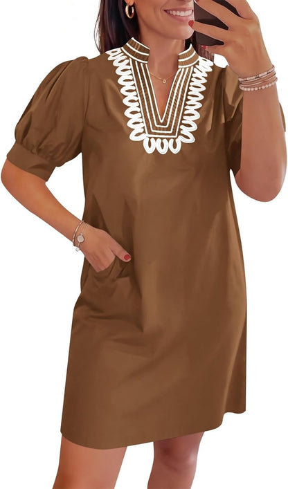 Womens Summer V Neck Shift Dresses Puff Short Sleeve Casual Dress