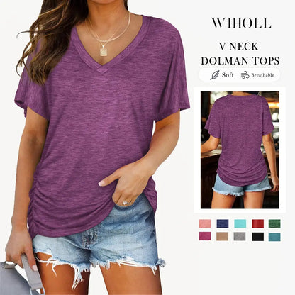 Last day discount🔥🔥Womens Short Sleeve V Neck Dolman Tops with Side Shirring