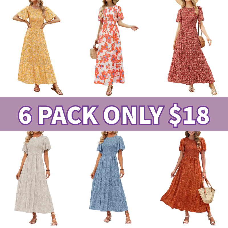 Floral Print Short Flutter Sleeve Crew Neck High Waist Flowy Maxi Dress