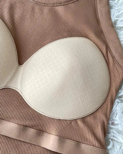 💥Round Neck Built-in Bra Ribbed Tank Top
