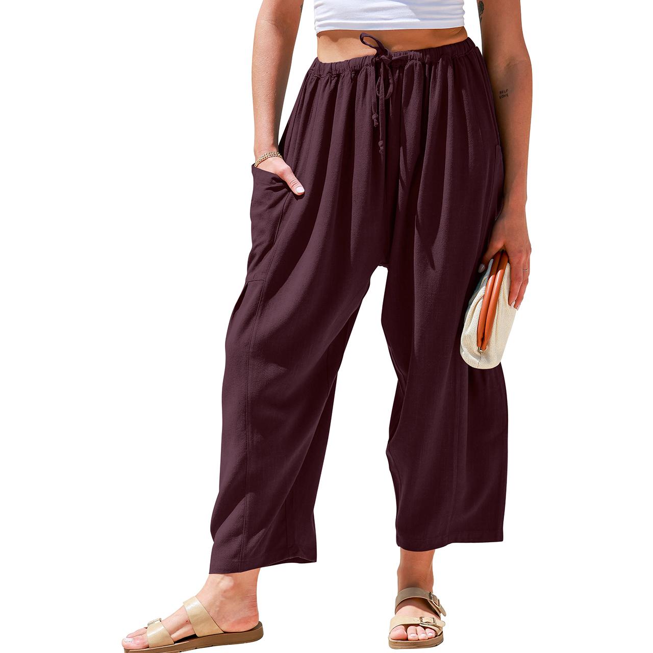 Womens Linen Blend Wide Leg Pants