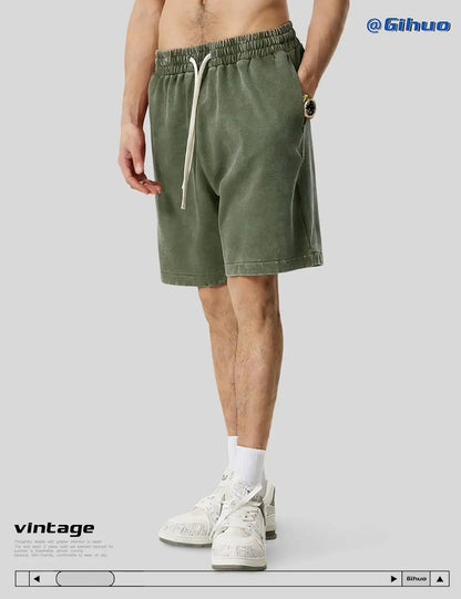 Unisex Cotton Athletic Vintage Acid Wash Elastic Waist Sweat Shorts