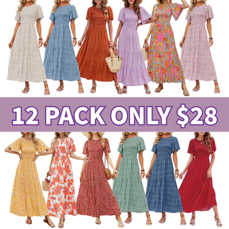 Floral Print Short Flutter Sleeve Crew Neck High Waist Flowy Maxi Dress
