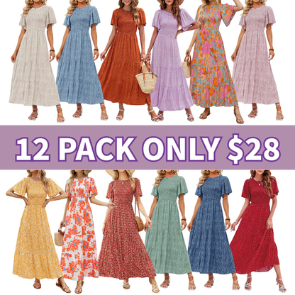 Floral Print Short Flutter Sleeve Crew Neck High Waist Flowy Maxi Dress