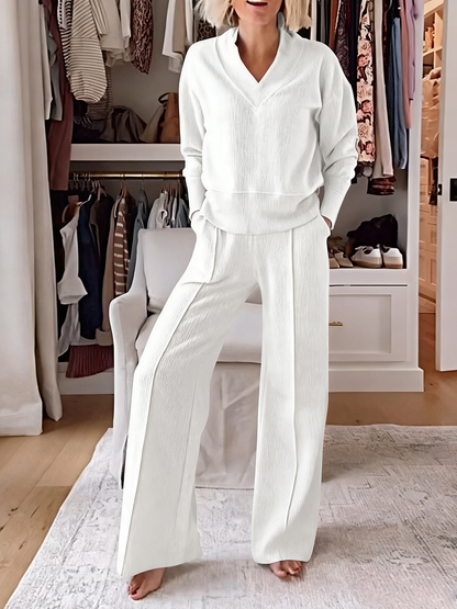 Solid Color Casual Large V-Neck Top & Pants Set