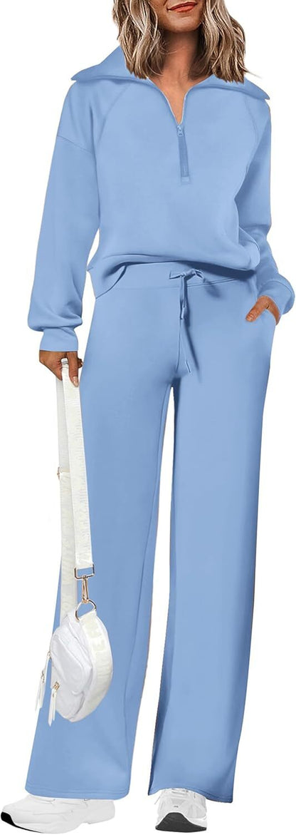 Women's Outfits Casual Lapel Half Zip Sweatshirts And Wide Leg Pants Tracksuit Sets