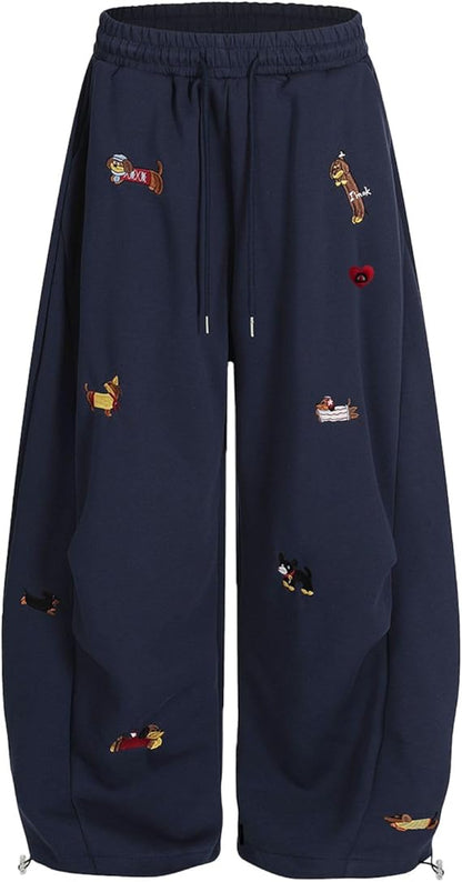 Unisex Embroidery Puppy Baggy Barrel Sweatpants