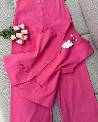 Solid Color Casual Button Vest & Pants Set