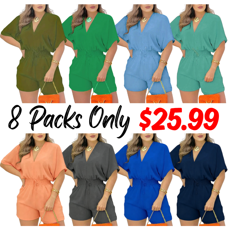 Women's Plain Drawstring Shirred Waist Fitted V Neck Romper