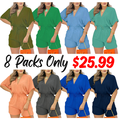Women's Plain Drawstring Shirred Waist Fitted V Neck Romper