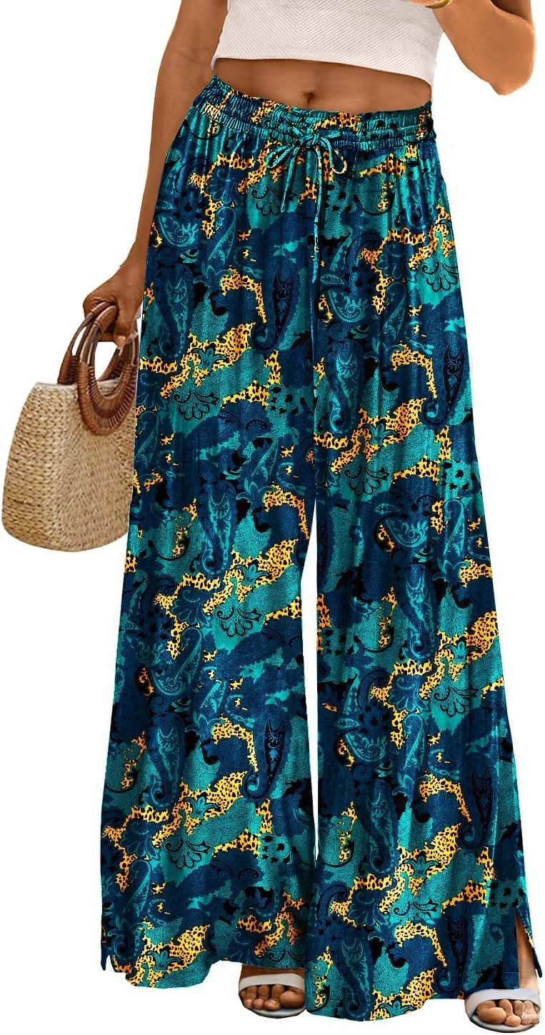 Women Summer Flowy Wide Leg Pants Drawstring Elastic Waist Casual Lounge Beach Palazzo Trouser with Pockets