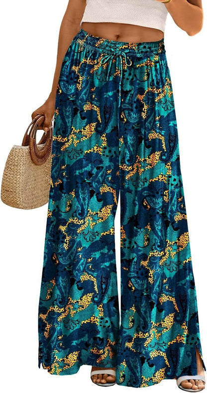 Women Summer Flowy Wide Leg Pants Drawstring Elastic Waist Casual Lounge Beach Palazzo Trouser with Pockets