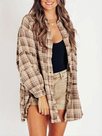 ⏰Hot Sale-Women's Seams Raw Edge Washed Oversized Shirt Jacket with Pockets 🔥New arrivals at special price🔥