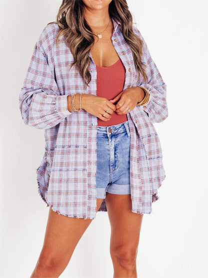 ⏰Hot Sale-Women's Seams Raw Edge Washed Oversized Shirt Jacket with Pockets 🔥New arrivals at special price🔥