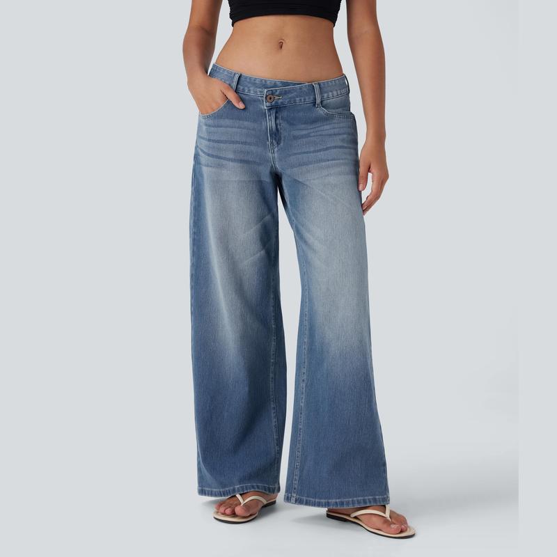 🔥5 Pack-Women's  Asymmetric Low Rise Zipper Pockets Baggy Wide Leg Washed Casual Jeans