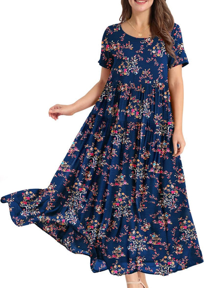 Women Casual Loose Bohemian Floral Dress Maxi Summer Beach Dresses