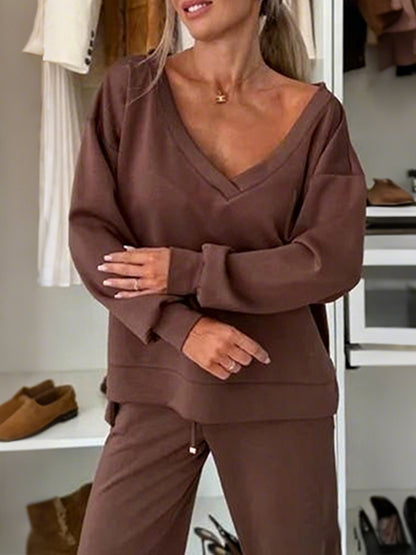 Autumn And Winter Solid Color Knitted V-Neck Top & Pants Set