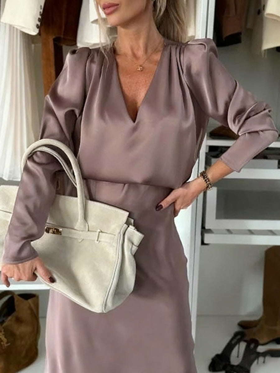 Silky Satin Long-Sleeved V-Neck And Skirt Suit